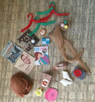 Vintage 60’s Barbie Accessories Records Compass Tissues Tv Phone Wig Knit Nylons