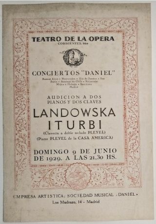 Pianist Wanda Landowska / Iturbi Rare Theater Program Recital 1929 Argentina