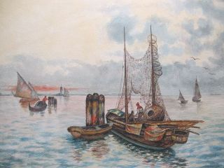 Orig Ht Turner Antique 1919 Watercolor Painting Fishing Boats At Sunrise Yqz