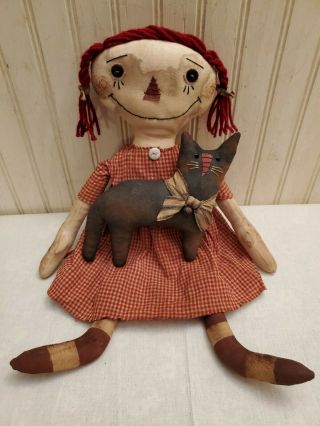 Primitive Grungy Raggedy Ann Doll & Her Black Barn Kitty Cat