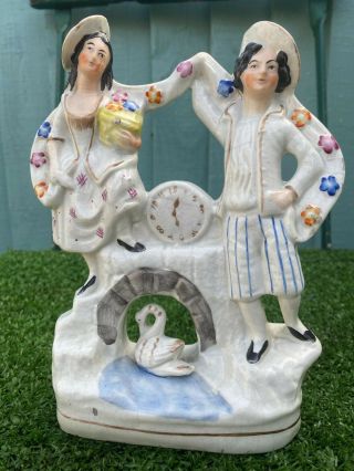 19thc Staffordshire Male & Female Figures With A Swan,  Clock Face C1880s