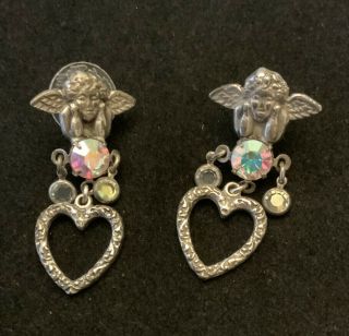 Rare Vintage Kirks Folly Angel & Heart Ab Rhinestones Dangling Pierced Earrings