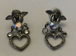 Rare Vintage KIRKS FOLLY Angel & Heart AB Rhinestones Dangling Pierced Earrings 2