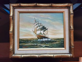 Signed Oil Painting On Canvas Of Ship At Sea Framed -