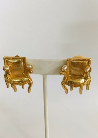 Rare Karl Lagerfeld ? Huge Royal Gold Tone Chair Faux Pearl Runway Earrings
