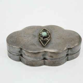 Sterling Silver Vintage Mexico Scalloped Pill Box With Turquoise Accent