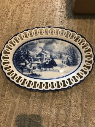 Rare Cracker Barrel Blue & White Porcelain Oval Serving Platter 16 - 1/2 "