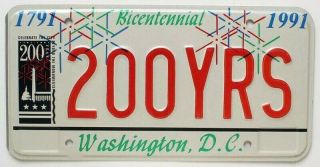 Rare Washington Dc 200 Years Bicentennial Sample 1991 License Plate,