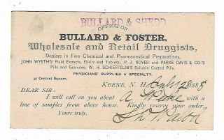 1888 Quack Medicine Advertising Postcard Bullard & Foster Druggists Keene Nh