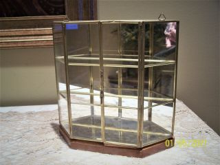 Vtng Brass & Glass Mirrored Back 2 Shelf Miniature Curio Display Cabinet 9 " Tall