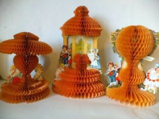 3 Collectible Large Antique Honeycomb Valentine Decoration Cards