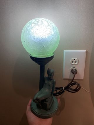 Rare Art Deco Nude Lamp Apt Ny Heavy Crackle Glass Globe Green Finish 13”