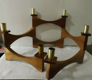 Mid Century Danish Modern Candle Holder Folding Candelabra Wood And Brass Rare