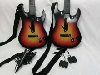 2 Guitar Hero Ps3 Sunburst Guitars W/ Dongles Straps And Mic Rare