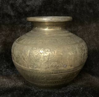 Antique 19th Century Vase Hand Made Engraved Brass 6.  5” High Buddha