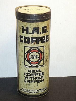 Rare Vintage H.  A.  G.  Coffee Real Coffee Without Caffein 12 Oz.  Tin London W.  C.