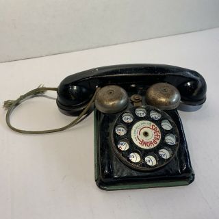 Rare Vintage Toy Black Tin Metal Rotary Telephone Speedphone Gong Bell Mfg Orig