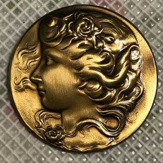 Large Antique Brass Picture Button Female Profile Flowing Hair