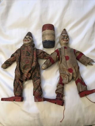 Rare Pair Schoenhut Circus Clown Dolls,  Barrel