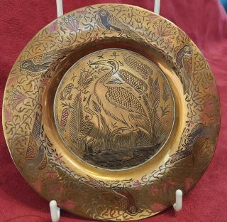Antique Eastern Brass And Enamel Dish With Birds Decoration