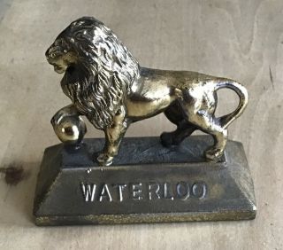 Antique Solid Brass Small Statue Of A Lion On A Stand Waterloo 18th June 1815