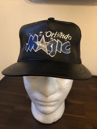 Rare Vintage Script Orlando Magic Leather Hat Cap Snap Back