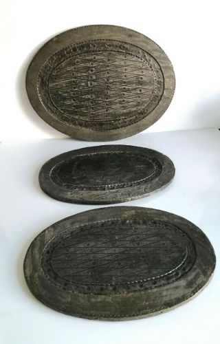 3 X Antique Vintage Decorated Pewter Metal Covered Cork Oval Table Place Mats