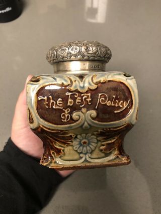 Rare Antique Royal Doulton Lambeth Pottery Tea Caddy Sterling Lid 2