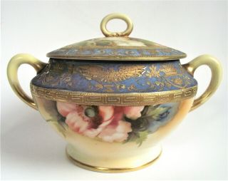 Antique Nippon 9 " Poppy Floral Bird Beaded Gold Gilt Hand Painted Sugar Bowl Lid