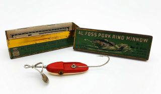 Vintage Al.  Foss Pork Rind Minnow Fishing Lure No.  3 Box,  Rare Booklet