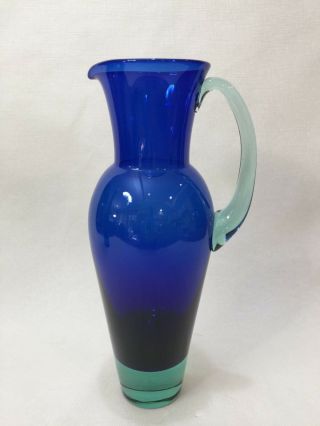 Rare Art Crystal Glass Cobalt Blue & Green Two Tone Color Pitcher,  11 1/2 " Tall