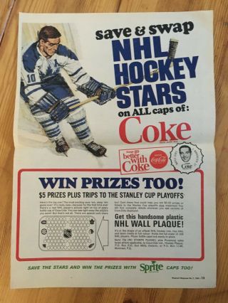 Rare 1963 Canadian Canada Ad Coke Coca Cola Bottle Caps Hockey Nhl Maple Leafs