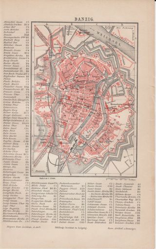 1890 Polan Gdansk Germany Dangig City Plan Antique Map