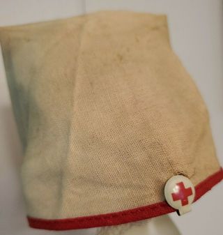 Antique French Fashion Doll Nurse Cap Red Cross Hat With Tin Litho Pin Clip
