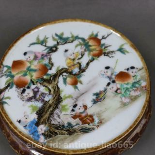 4.  6 " Chinese Ceramics Famille - Rose Children Boy Peach Porcelain Base Frame 九子攀桃