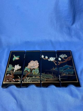 Asian Black Lacquer Mother Of Pearl Birds Flower 4 Folding Small Panel Miniature