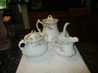 Antique H.  Alcock Ironstone Teapot,  Creamer,  Sugar W Lid - " Lynton " Brown Transf