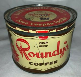 ANTIQUE ROUNDY ' S COFFEE TIN LITHO 1LB KEYWIND CAN MILWAUKEE WI GROCERY STORE OLD 3