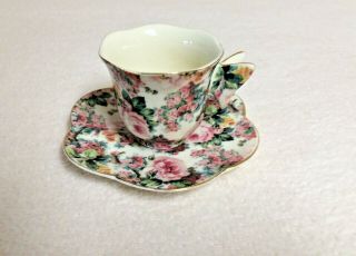 Butterfly Handle Cup And Saucer Pink Rose Chintz Demitasse Vintage Fleabite Chip