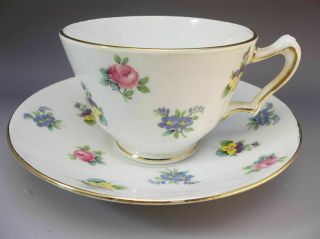 Crown Staffordshire Tea Cup Saucer Set English Bone China Pink Roses Pansies