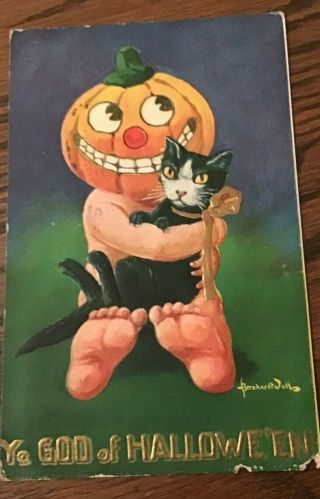 Antique Postcard Halloween Black Cat Pumpkin Head Signed 1910