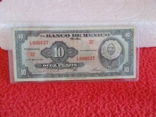 Rare Banco De Mexico 1963 10 Peso Bank Note Red Back & Fine. .