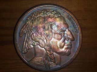 1 Oz 999 Fine Copper,  " Buffalo Nickel " Design,  Antique Worry Coin,  Rainbow Toned