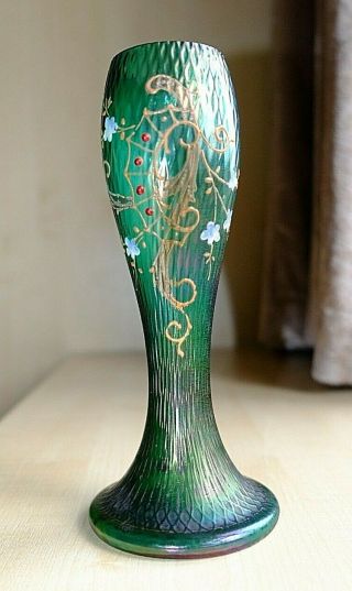 Antique Bohemian Art Nouveau Bohemian Iridescent Green Glass Vase Loetz Kralik?