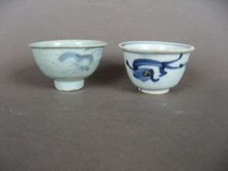 Two Ming Period Chinese Porcelain Tea Bowls,  Blue And White Decoration.