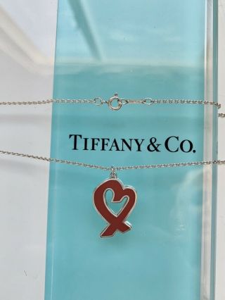 Rare Tiffany & Co.  Paloma Picasso Red Enamel Loving Heart 18 " Silver Necklace Nr