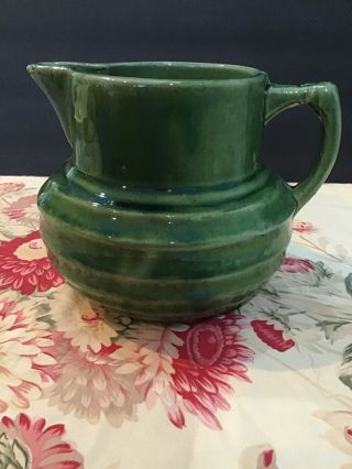Antique Mccoy Pottery Green Stoneware Ribbed Milk Pitcher 121 Shieldmark 1920s