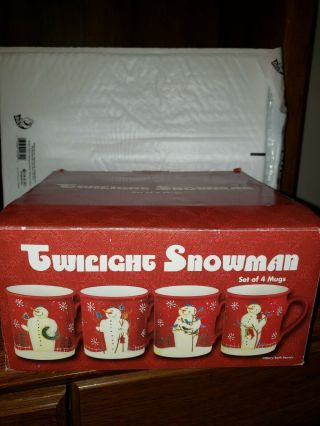 Vintage Holiday Snowman 16 Oz Coffee Soup Cups Mugs Set Of (4) Rare Red