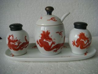 Rrr Rare Antique Meissen Porcelain With Red Ming Dragon And Silver 800
