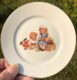 3 Antique Germany Mark Porcelain Child’s 5” Plate Children Cat Rabbit Dolls Euc